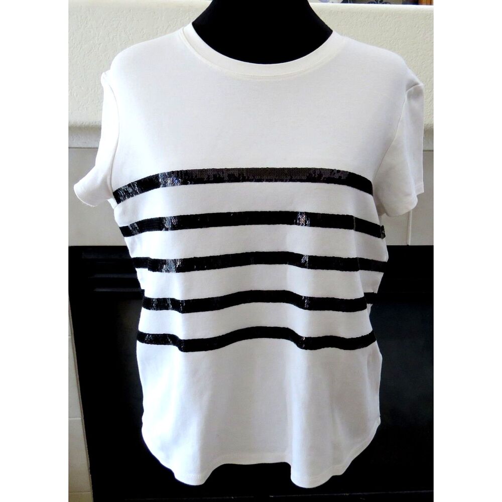Rachel Zoe Women's  White/Black Sequins Short Sleeve top  M  GUC* read